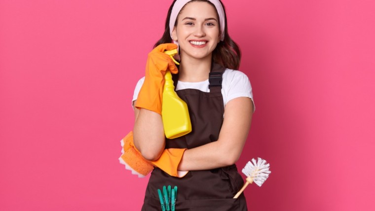 women holding cleaning equipment